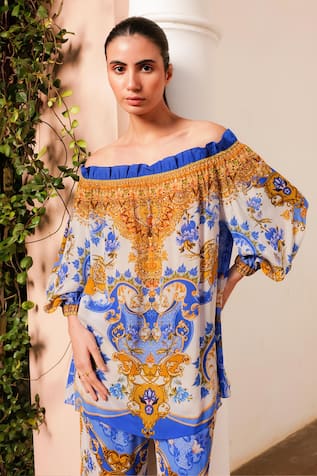 Zariaah Santorini Print Off Shoulder Top 