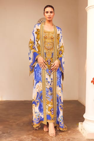 Zariaah Santorini Floral Print Kaftan With Long Robe 