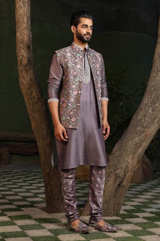 Label Niti Bothra Silk Chanderi Mughal Floral Print Bundi & Kurta Set 