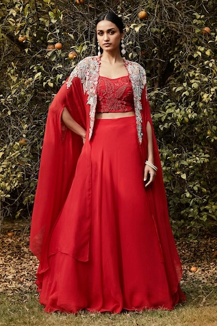 Basanti - Kapde Aur Koffee Embroidered Cape & Lehenga Set