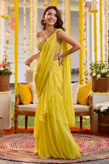 Label Sanya Gulati Pre-Draped Saree With Embroidered Bustier 