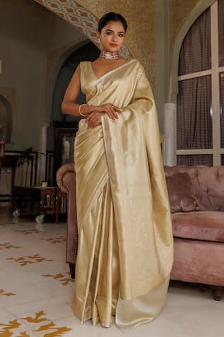 Geroo Jaipur Handwoven Banarasi Silk Zari Saree With Unstitched Blouse Piece 