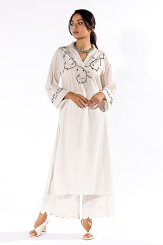 Pants and Pajamas Floral Thread Work Kurta & Flared Pant Set 