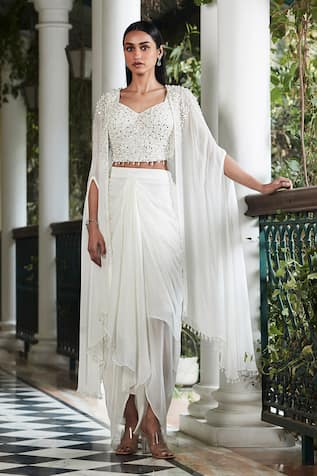 Basanti - Kapde Aur Koffee Mirrorwork Embellished Cape Dhoti Skirt Set 