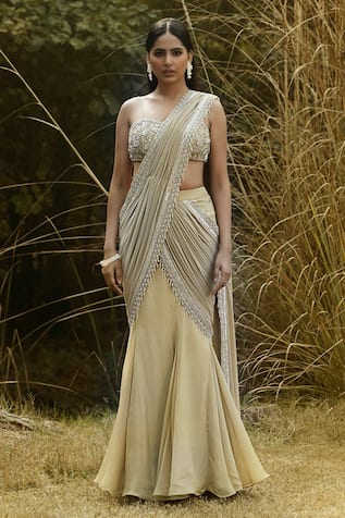 Basanti - Kapde Aur Koffee Embroidered Border Pre-Draped Saree With Blouse 