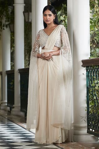 Basanti - Kapde Aur Koffee Plain Pre-Draped Saree With Embellished Blouse 