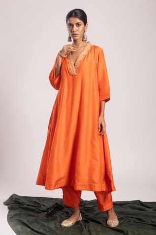 Orange Floral Embroidered Kurta Set For Kids