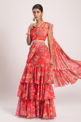 Tuli Asa Pre-Draped Floral Print Saree With Blouse 