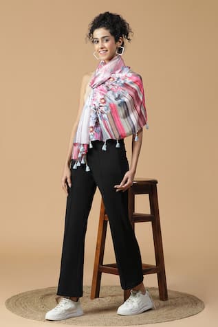Shingora Floral & Striped Pattern Silk Stole 