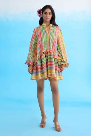 Nikasha Yellow Checkered Mini Dress with Frill 