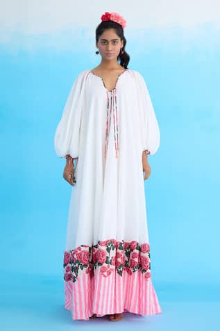 Nikasha Bubble Sleeve Cotton Linen Maxi Dress 