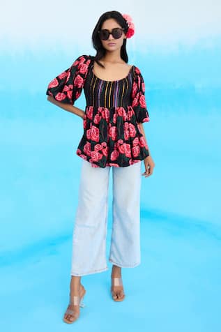 Nikasha Vintage Rose Print Peplum Top 