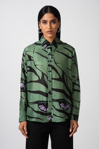 Pocketful Of Cherrie Retro Flame Print Silk Shirt 