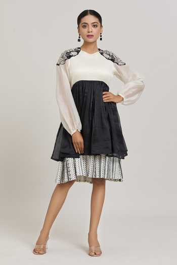 Shreeka Pearl Bloom Shoulder Patch Embroidered Tiered Dress 