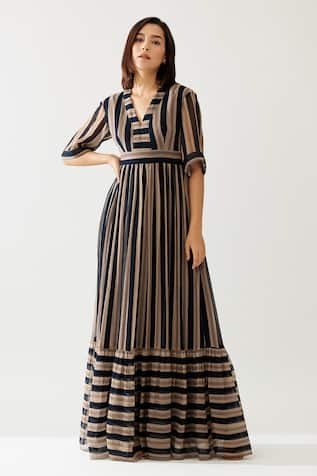 KoAi Stripe Print Tiered Maxi Dress 