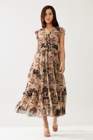 KoAi Florid Print Ruffle Tiered Midi Dress 