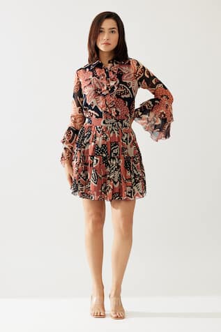 KoAi Retro Flora Print Tiered Mini Skirt 