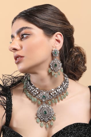Green American Diamond Pendant Necklace Set 