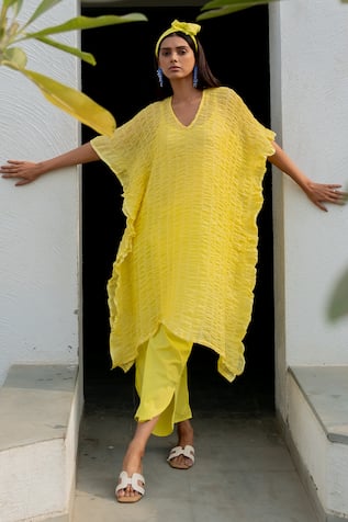 Silai Studio Yellow Chanderi Textured Kaftan Pant Set 