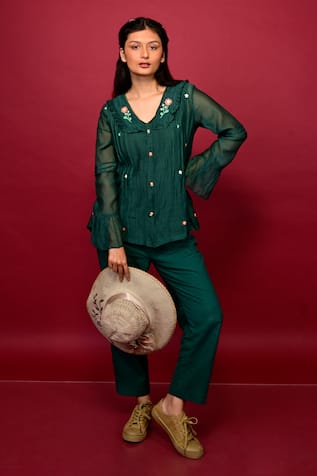 Placed Floral Embroidered Shirt & Pant Co-ord Set 