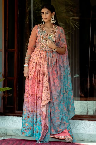 SHASHANK ARYA Ombre Printed Draped Anarkali With Pant 