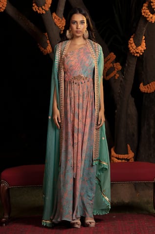 SHASHANK ARYA Embroidered Cape With Printed Draped Anarkali 