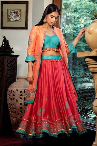 SHASHANK ARYA Block Print Embellished Jacket Lehenga Set 