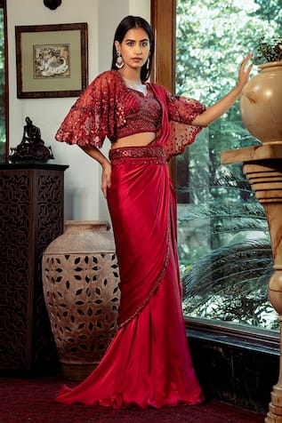 SHASHANK ARYA Pre-Draped Saree With Hand Embroidered Cape Blouse 