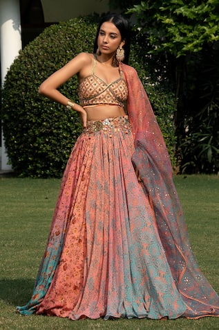 SHASHANK ARYA Two Tone Floral Print Draped Lehenga Set 