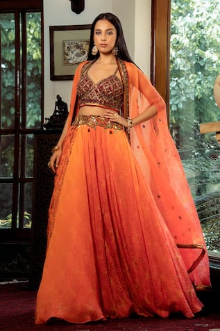 SHASHANK ARYA Floral Embroidered Cape Draped Lehenga Set 