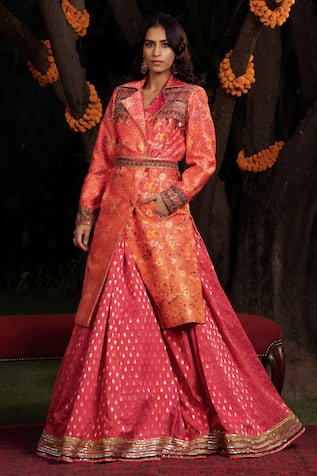 SHASHANK ARYA Floral Print Ombre Overcoat & Skirt Set 