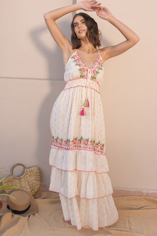 Label Reyya Floral Thread Embroidered Tiered Gown 