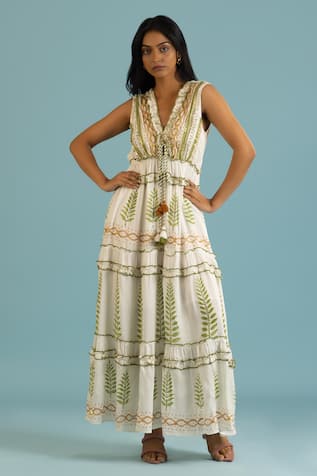 Label Reyya Leaf Block Print Tiered Gown 