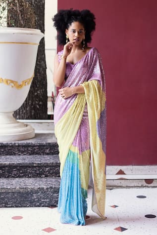 Pooja Bagaria Cotton Candy Sequin Work Pre-Draped Saree With Blouse 