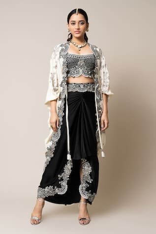 Nupur Kanoi Sequins & Pearls Embroidered Cape Skirt Set 