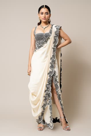 Nupur Kanoi Border Embroidered Pre-Draped Slit Saree With Corset 