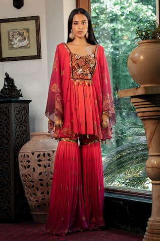 SHASHANK ARYA Jamewar Print Ombre Short Kurta With Sharara 