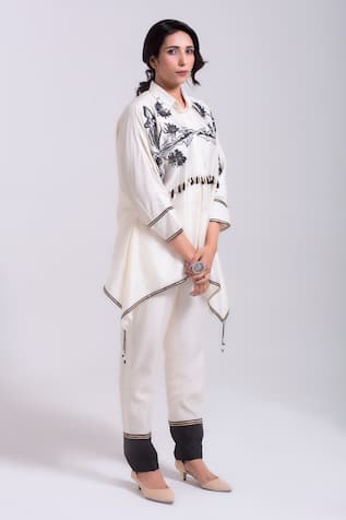 Kushani Gardenia Applique Embroidered Asymmetric Shirt With Pant 