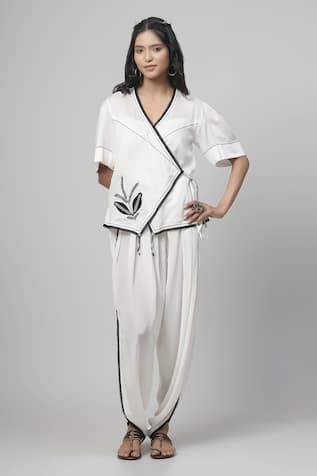 Kushani Plume Applique Embroidered Wrap Top With Tulip Pant 