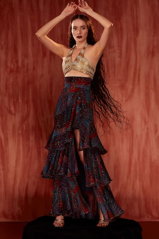 Nikita Mhaisalkar Tangerine Tile Print Ruffle Slit Skirt 
