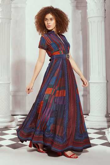 Buy Multi Color Silk, Crepe Buckles Mandarin Collar Grecian Tile