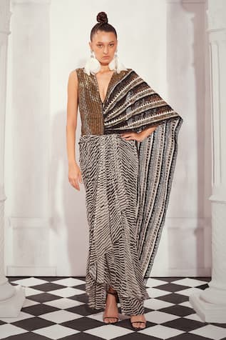 Nikita Mhaisalkar Checkered Print Bead Embellished Saree Gown 