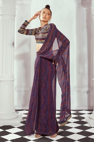 Nikita Mhaisalkar Greek Art Print Pre-Draped Saree 