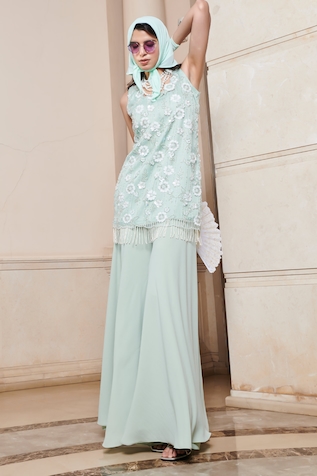 Esha L Amin Floral Sequin Embellished Kurta With Flared Pant