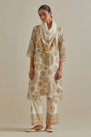 KORA Patchwork Embroidered A-Line Kurta Pant Set 