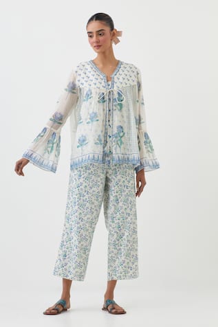 Upavita Flower Hand Block Print Top & Pant Set 