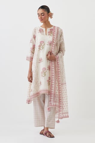 Upavita Floral Hand Block Print A-Line Kurta Pant Set 