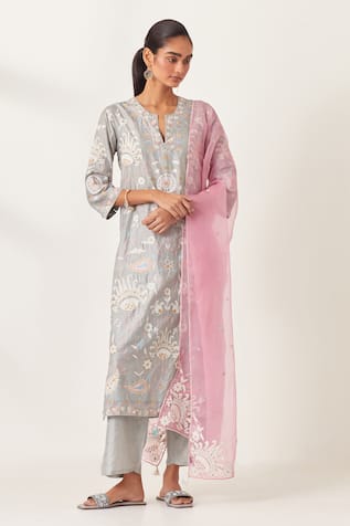 KORA Floral Applique Work Kurta Pant Set 