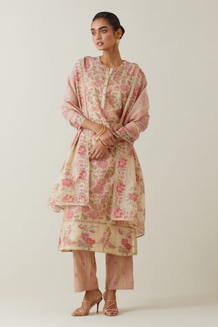 KORA Floral Print Straight Kurta Pant Set 