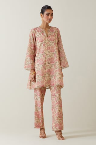 KORA Tissue Chanderi Printed Kurta Pant Set 